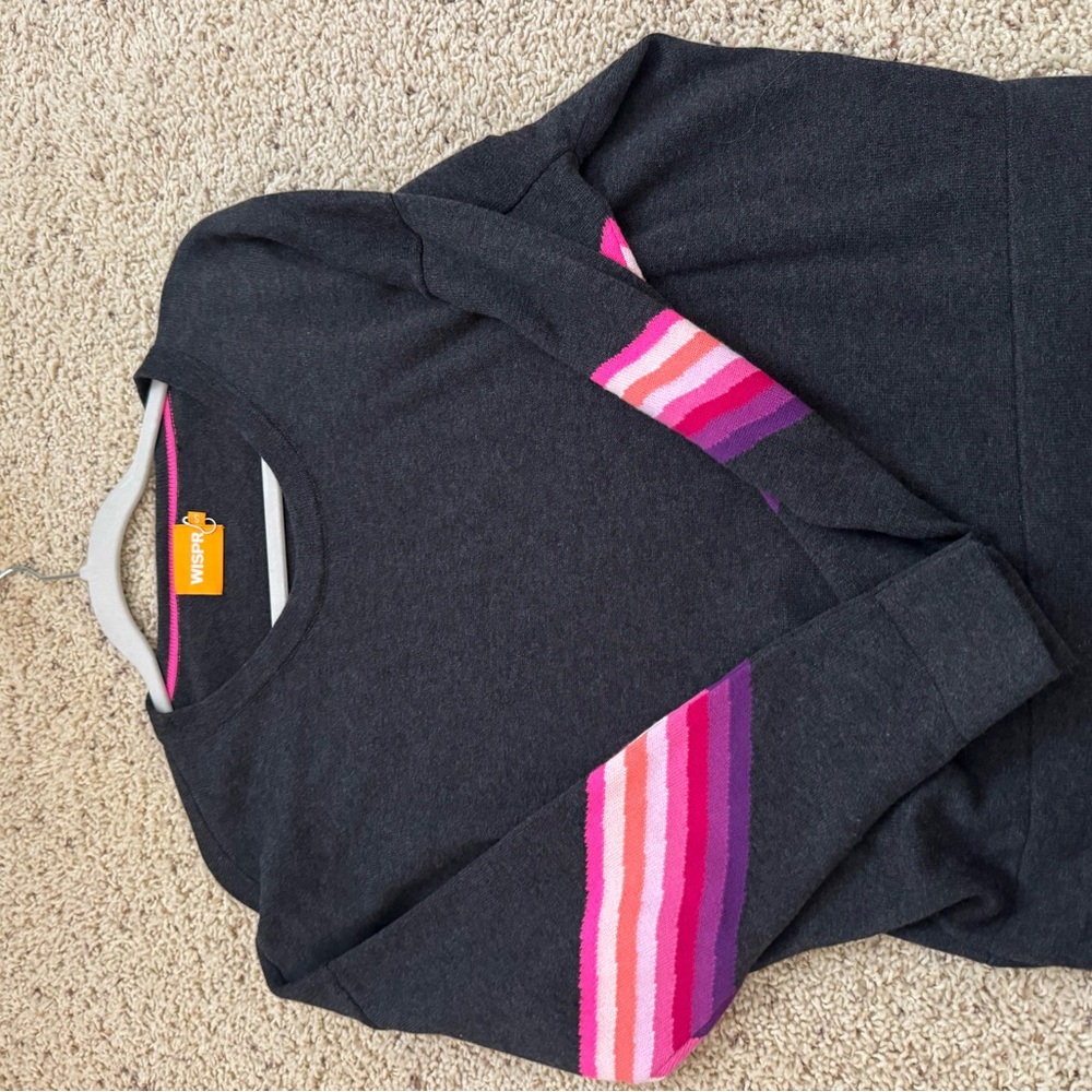 Wispr by Brodie cashmere Dark Gray Sweater with Pink Stripes
